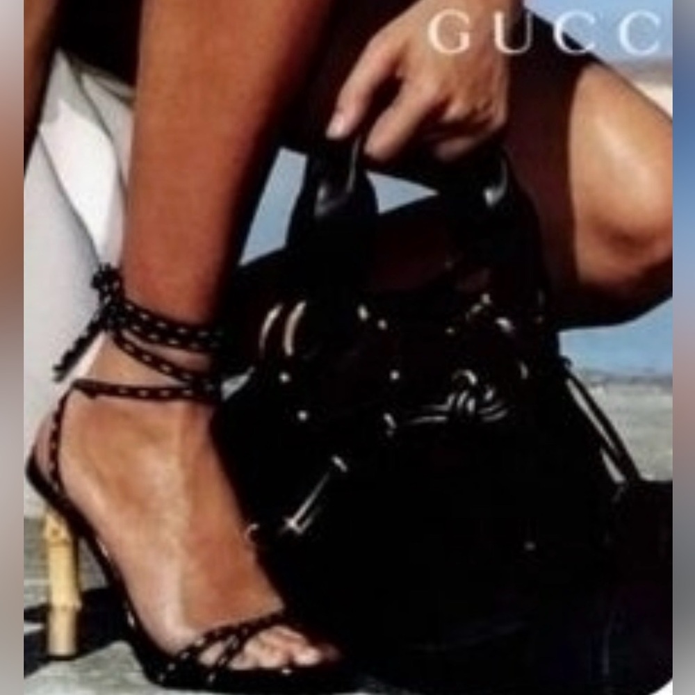 Rare Gucci Tom Ford bamboo heel black white stitch wrap around ankle heels. - Picture 2 of 13